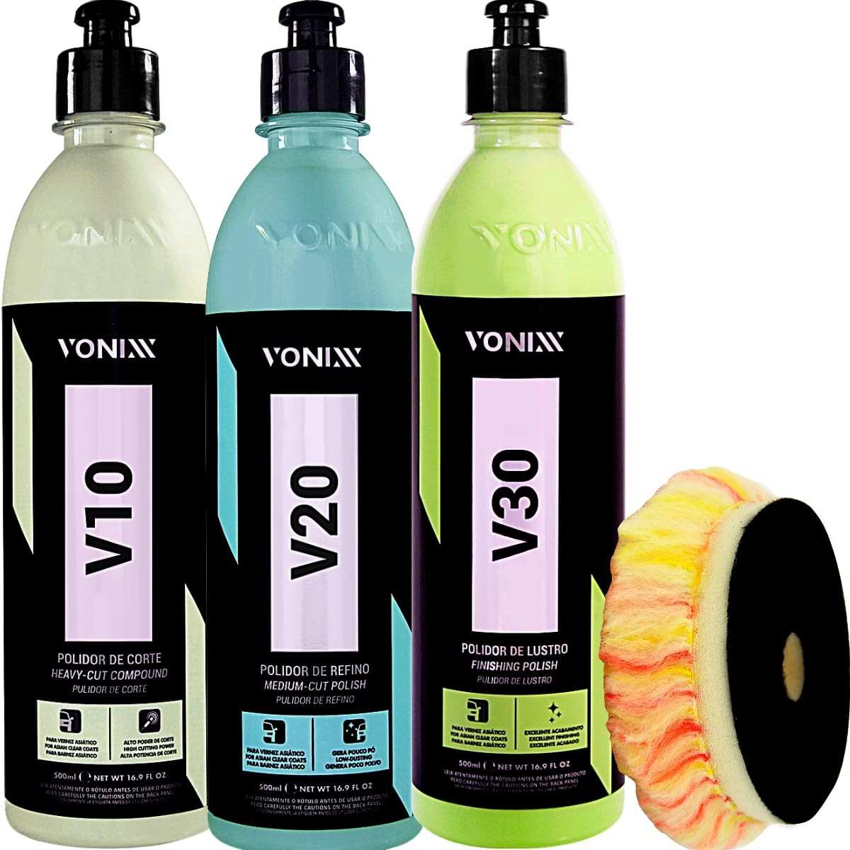 Kit Vonixx V10 V20 V30 + Boina Lã Pirulito 3,5" - Sistema Completo de Polimento Profissional