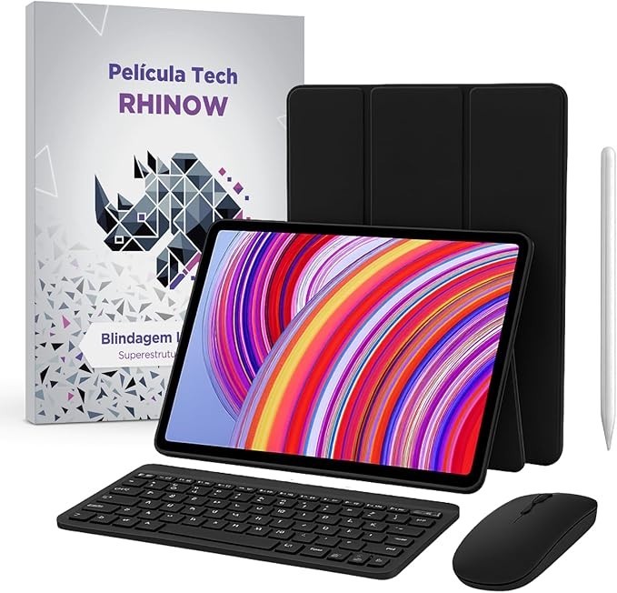 Kit Capa Preta Slim para Xiaomi Redmi Pad Pro 12.1 + Película de vidro + Caneta Precision + Teclado e Mouse (Rhinow)