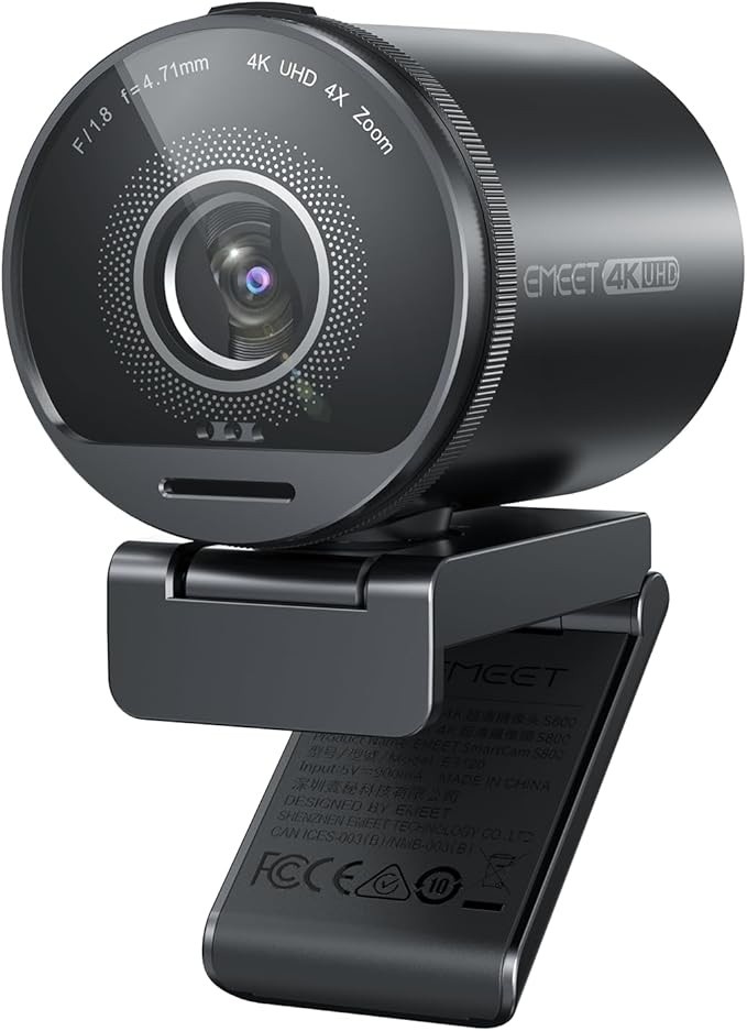 Webcam EMEET SmartCam S800 4K para streaming ao vivo e reuniões online, sensor Sony de 1/2”, suporta HDR, autofoco duplo PDAF e ToF, 1080p a 60 FPS, 2 microfones com cancelamento de ruído, FOV 40°-73°