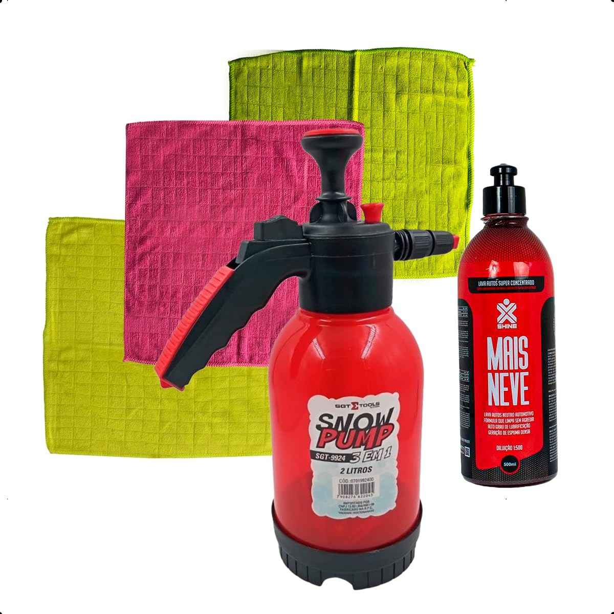 Kit Completo Limpeza Automotiva Feron: Snow Pump 3 em 1, Flanelas Microfibra e Lava Autos Concentrado