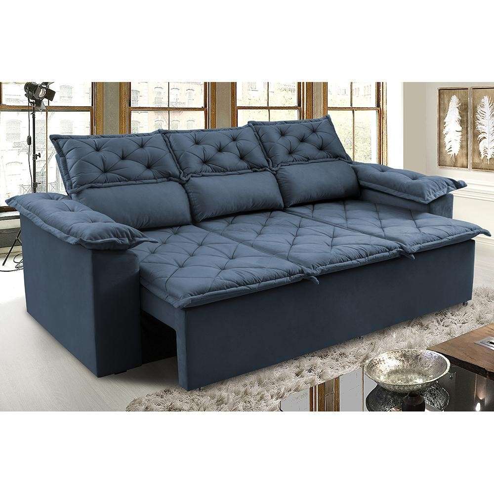 Sofá Cama Retrátil 3 Lugares Velusoft Azul