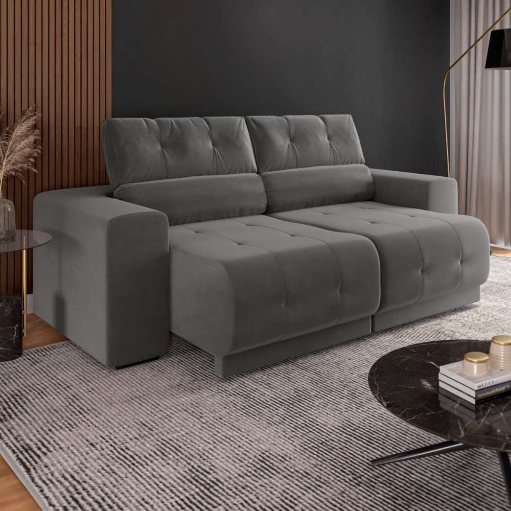Sofá Retrátil Veludo Cinza: Conforto 3 Lugares