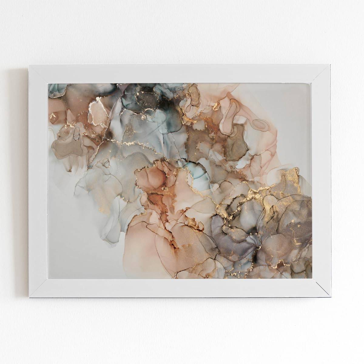 Quadro Mármore Dourado Abstrato com Moldura Branca 60x40cm - Decore com Estilo e Sofisticação