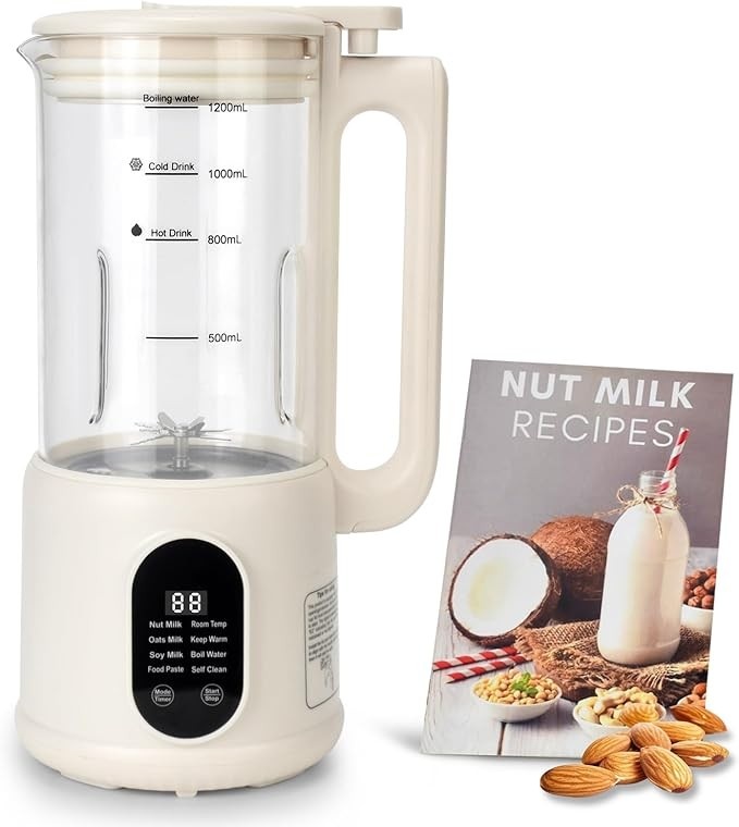 DFJKJUU Máquina Automática De Leite Nozes, 8 Em 1, Soja 1,2 L Para Amêndoas Caseiras, Aveia, Soja, Coco, Vegetal E Bebidas Não Lácteas, Temporizador 12 Horas/Limpeza Automática/Temperatura Ambiente/