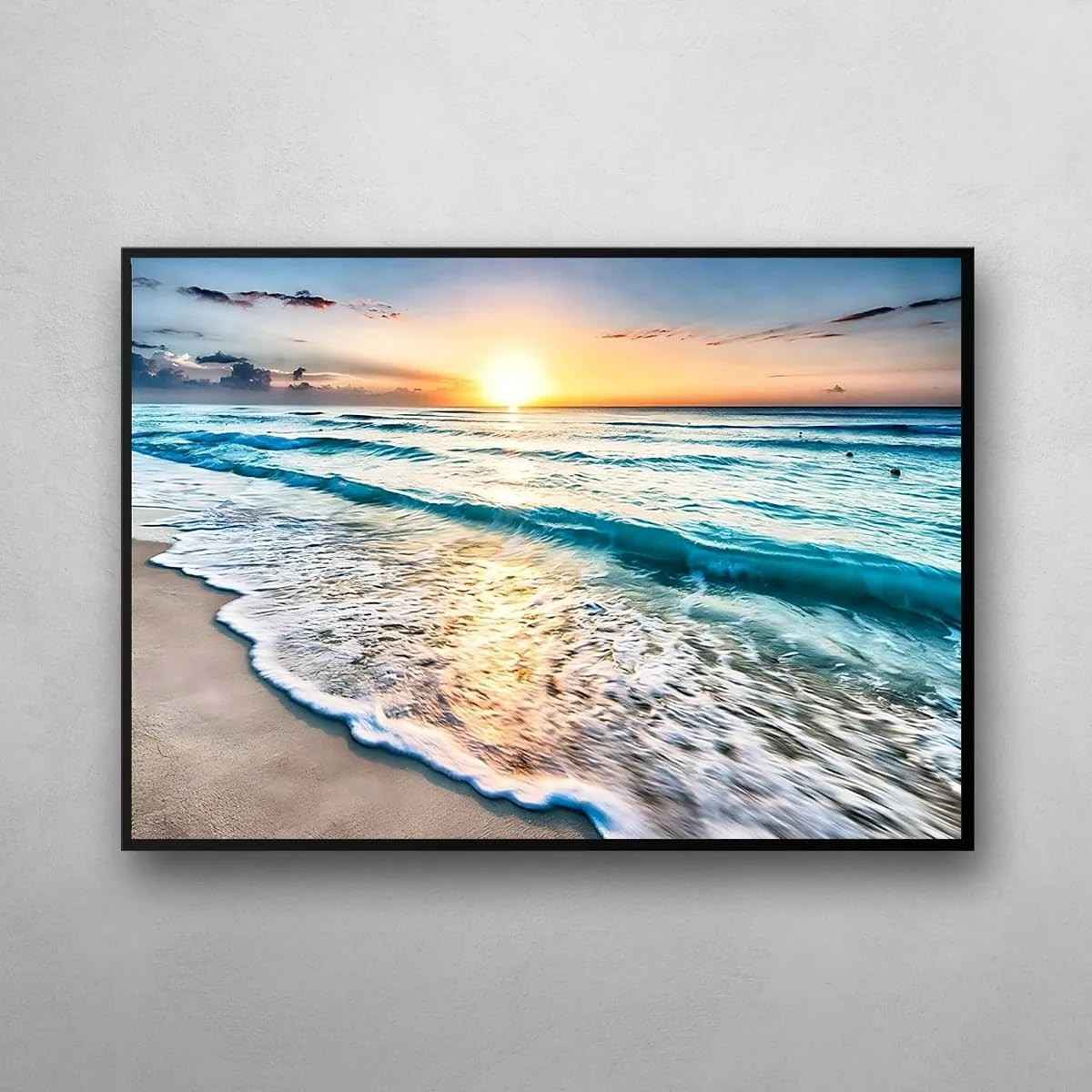 Quadro Decorativo de Parede com Paisagem de Pôr do Sol na Praia - Moldura Premium 60x90cm
