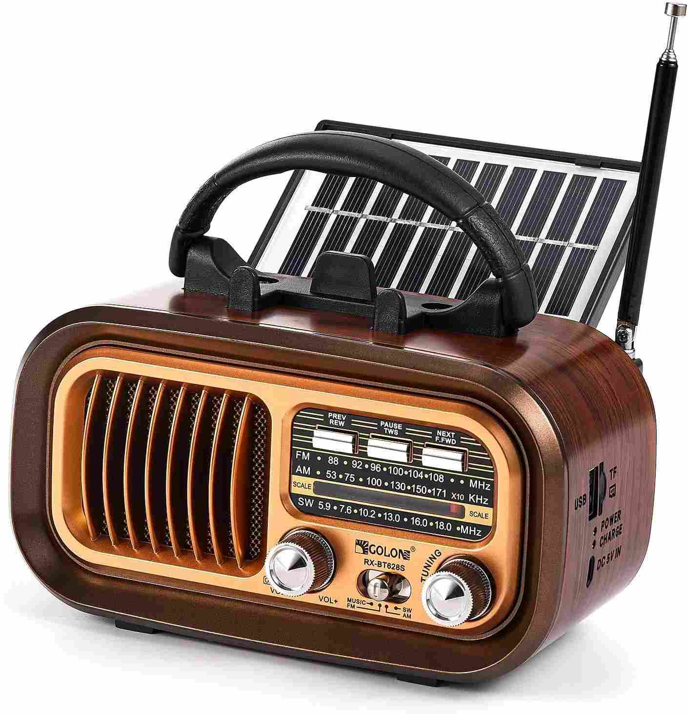 Rádio Retrô Portátil Bluetooth Solar FM AM SW - Estilo Vintage com USB/TF