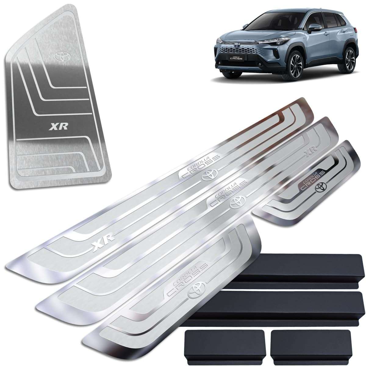 Kit Soleiras e Descanso de Pé Inox e Vinil para Toyota Corolla Cross 2023-2025 | Proteção e Estilo Premium