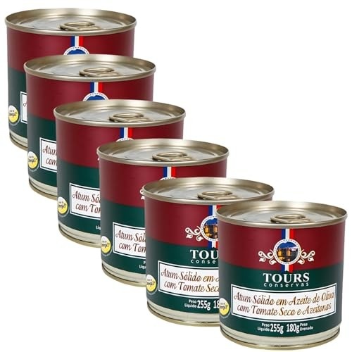 Atum Lombo Sólido em Lata em Azeite de Oliva - Antioxidante Natural -TOURS com Tomates Secos e Azeitonas 255g - Rico em Ômega 3-6 Un.