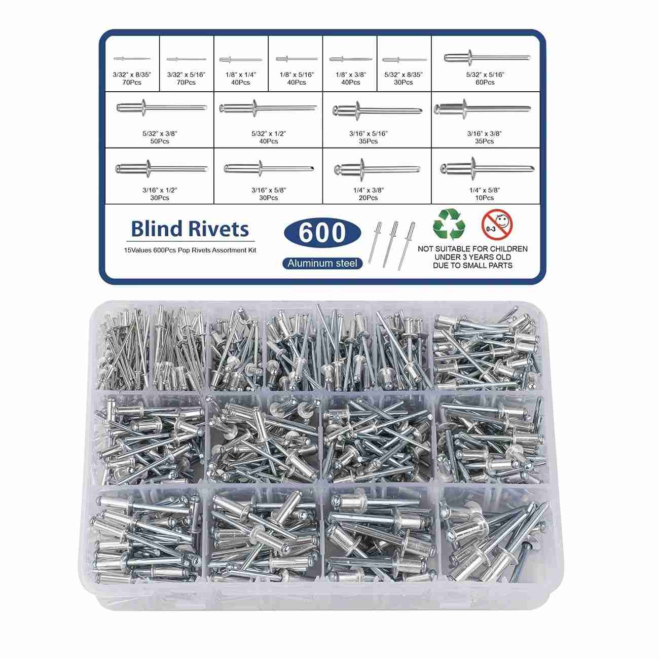 Kit Completo 600 Rebites Pop Alumínio 15 Tamanhos - Solução Durável para Seus Projetos