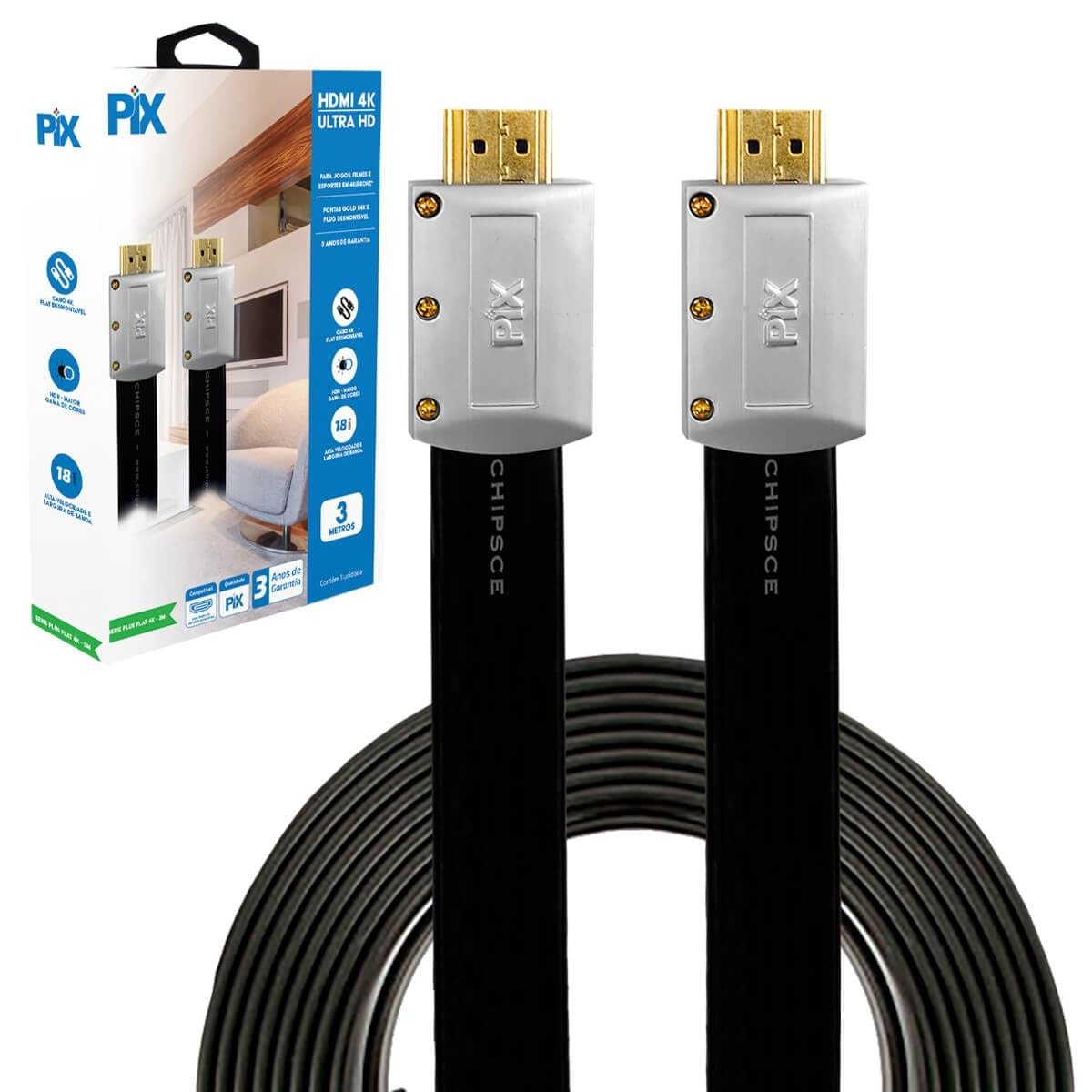 Cabo HDMI 2.0 4K HDR 3 Metros Flat Desmontável - Imagem e Som de Cinema em Casa!