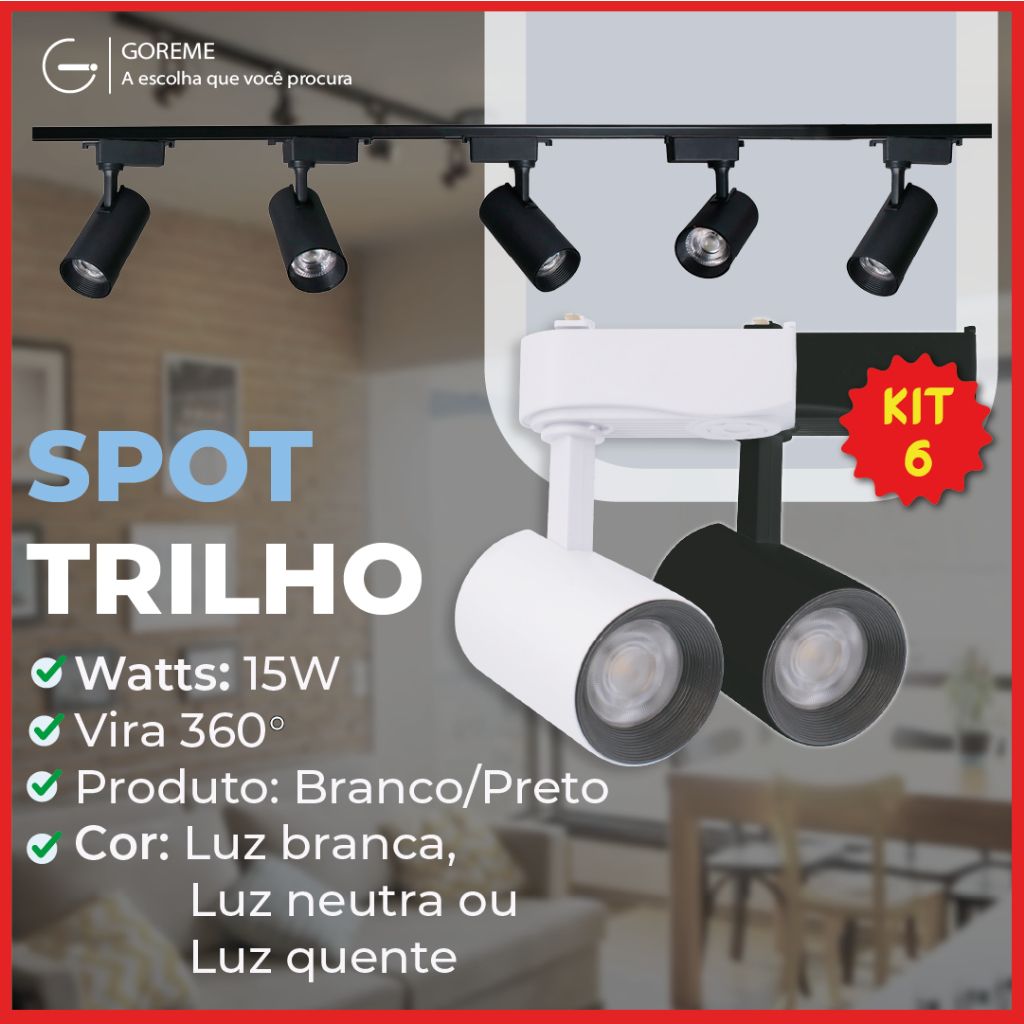 Spot LED Trilho Eletrificado: Kit 6 Tubinhos 15W