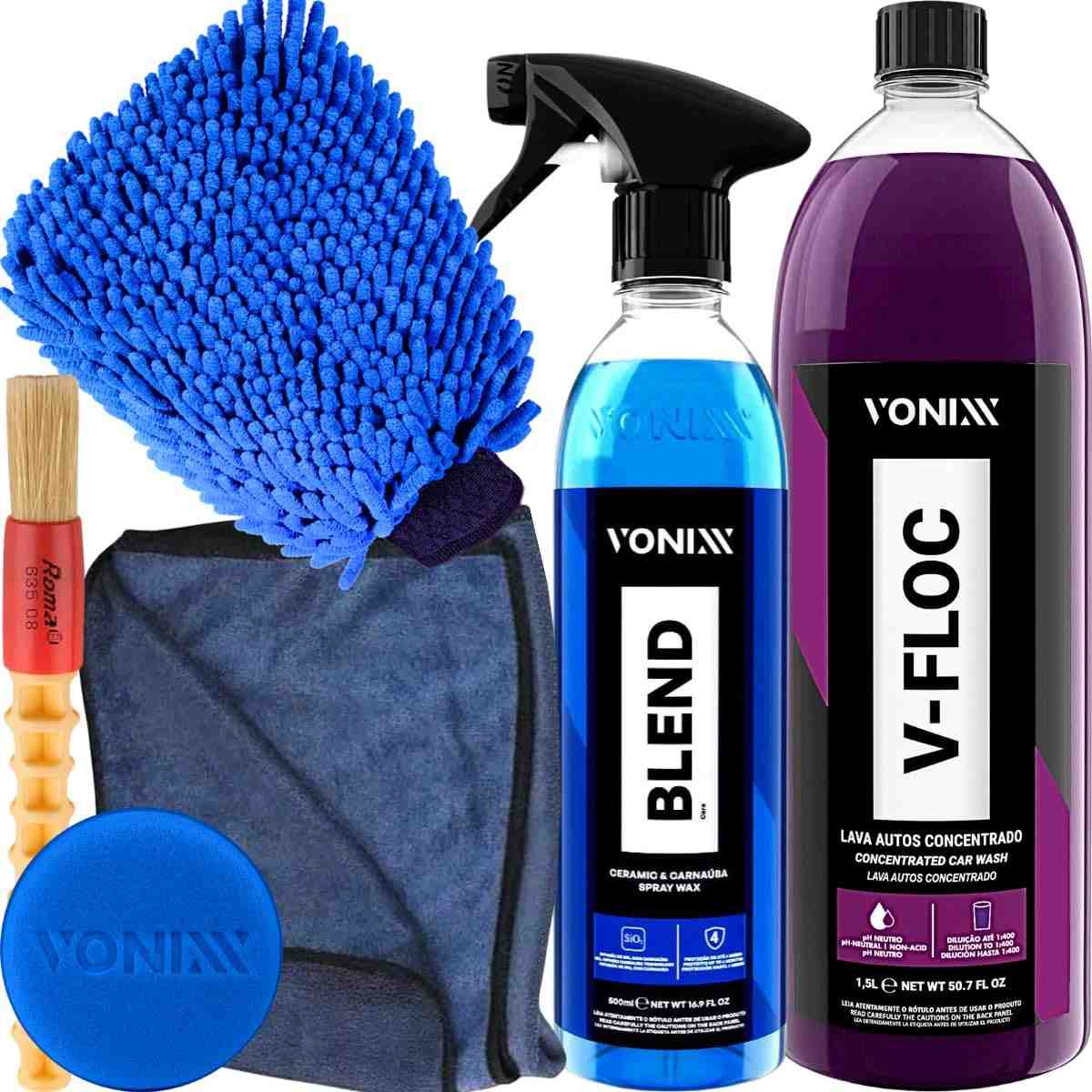 Kit Completo Lavagem Moto e Carro: Shampoo V-Floc 1.5L, Cera Blend Spray, Luva e Toalha Microfibra