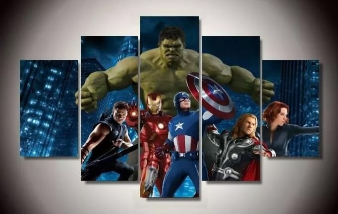 Kit Quadro Decorativo 5 Peças Vingadores Luta - 95x60cm | Decore Sua Casa com Estilo Super Heróico