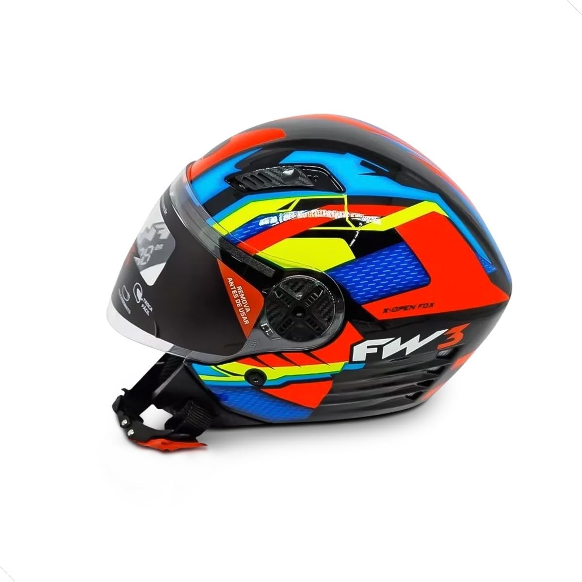 Capacete Fox FW3 X Open Up Laranja/Amarelo/Azul - Segurança e Estilo para sua Aventura