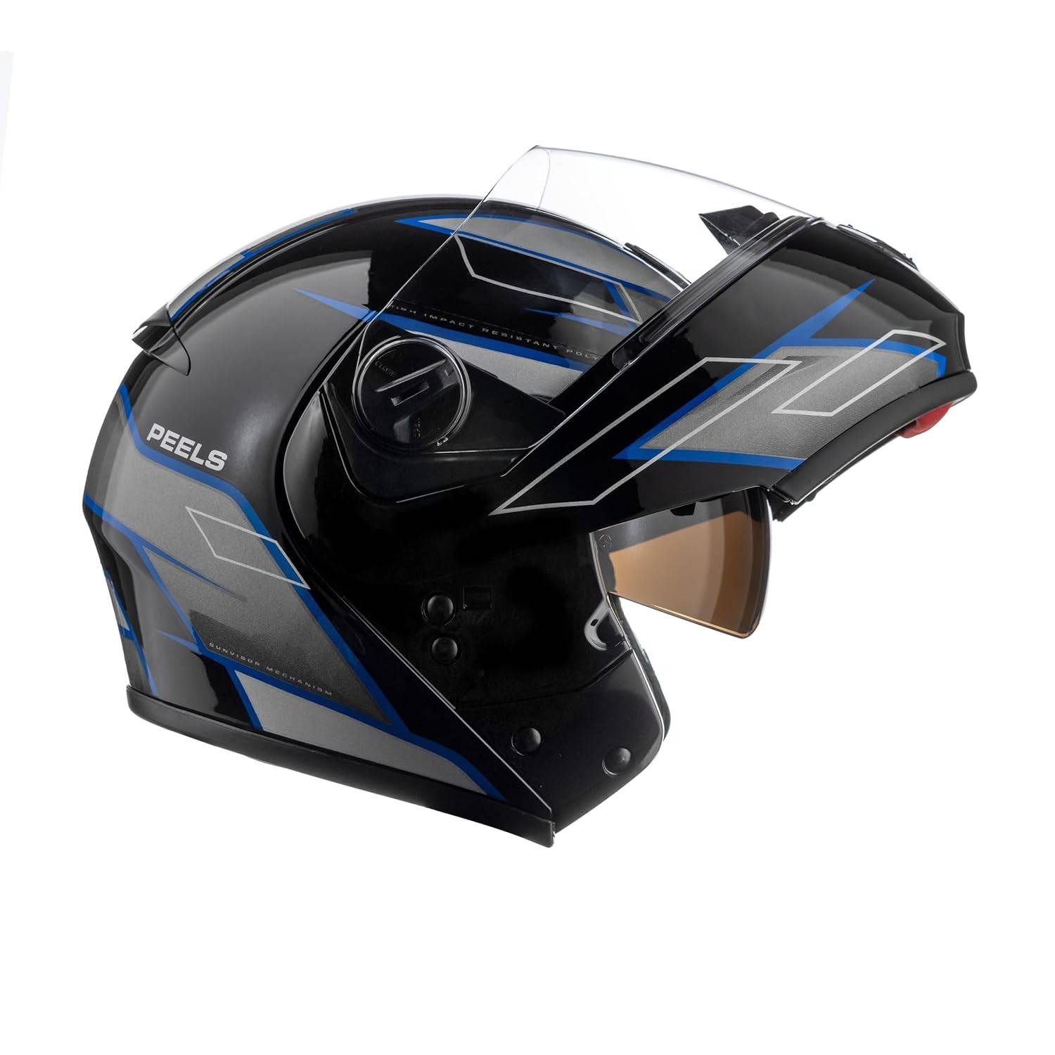 Capacete Articulado Peels U-RB2 Podium Preto/Azul com Viseira Solar - Segurança e Estilo para Sua Moto