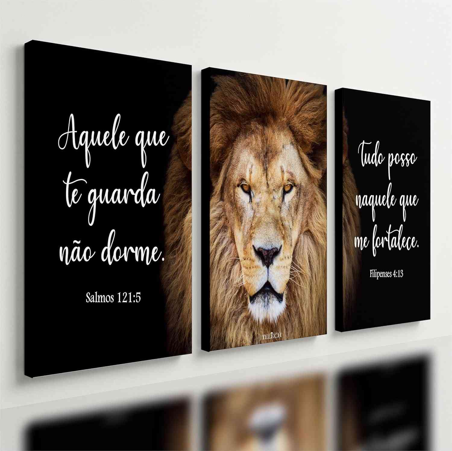 Kit 3 Quadros Decorativos Leão de Judá Cristão Gospel 60x30cm - Inspiração Espiritual para Sua Casa