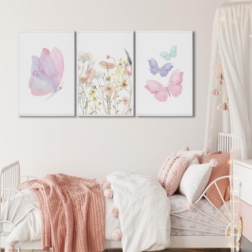 Quadro Decorativo Infantil Borboletas e Flores - Arte Suave para Quartos de Criança (Branco, 50x75cm)