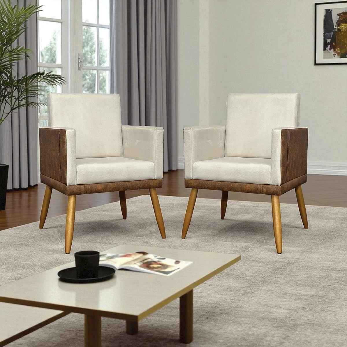 Kit 2 Poltronas Decorativas Lis em Corino e Suede Bege com Pé Palito 30cm - Estilo e Conforto para sua Sala