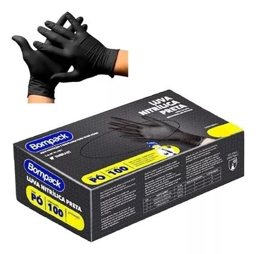 Luva Nitrílica Preta Bompack P(7) - Proteção Superior para Profissionais e Uso Doméstico (100 Unidades)
