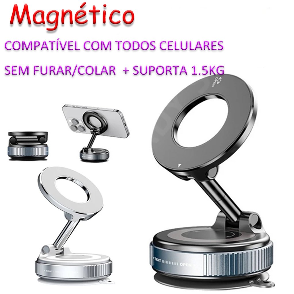 Suporte Magnético 360° para Carro: Fixação Forte e Ajustável para Todos os Celulares