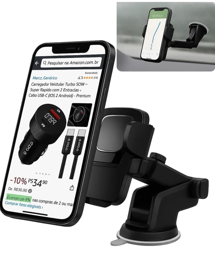 Suporte Veicular Ultra Forte 360°: Fixação Perfeita para Seu Celular (Uber, Waze, GPS)