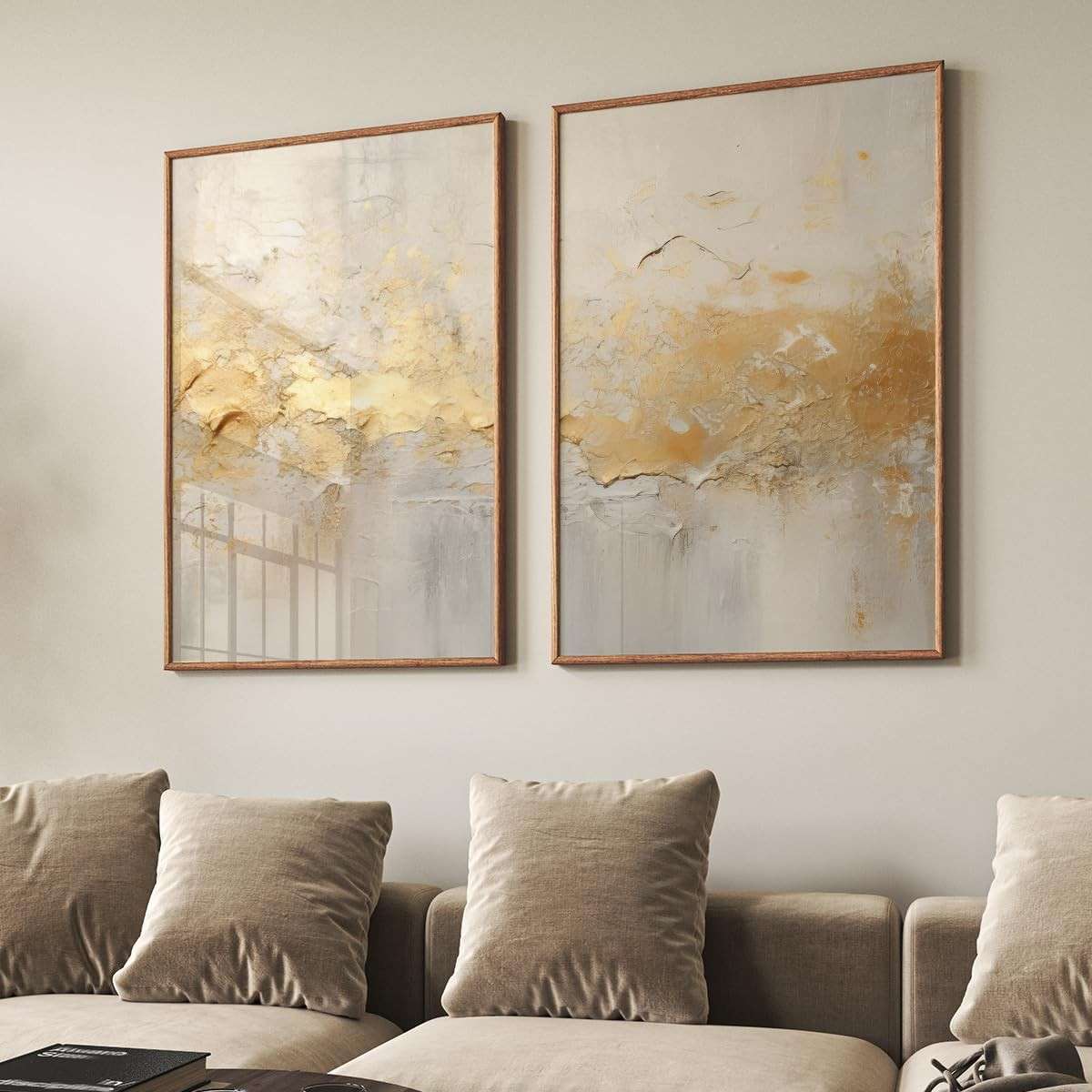 Kit 2 Quadros Decorativos com Textura Dourada e Abstrata - 60x90cm - Tabaco
