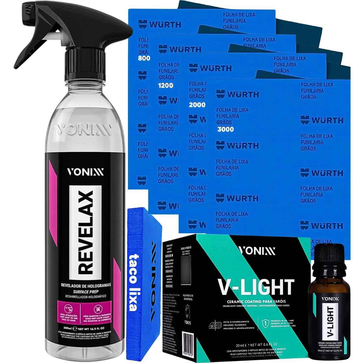 Kit V-light 20ml Revelax Lixas Dagua 800 1200 2000 3000 Wurth + Taco para Lixar Suporte de Lixa