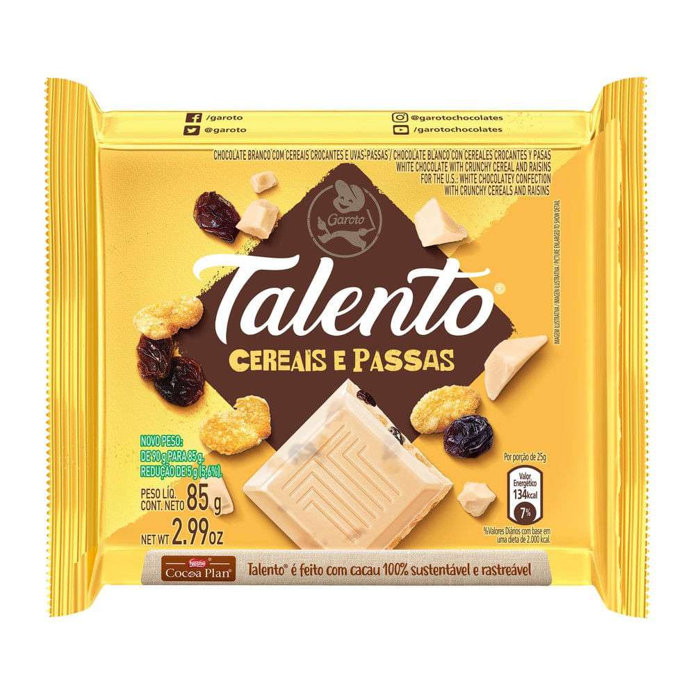 Talento Branco Garoto: Cereal e Passas 85g