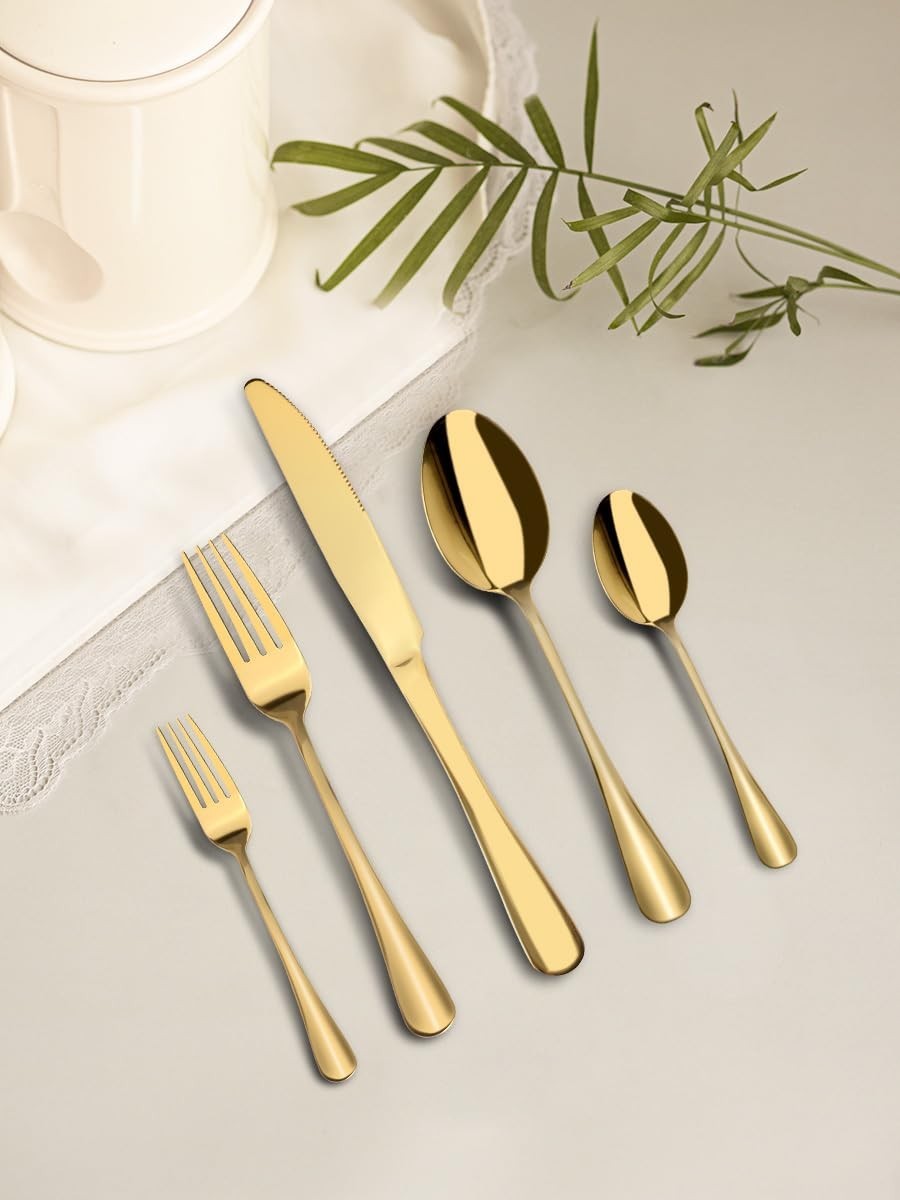 Conjunto de Talheres Dourados 5 Peças - Aço Inox Premium Lavável na Lava-Louças