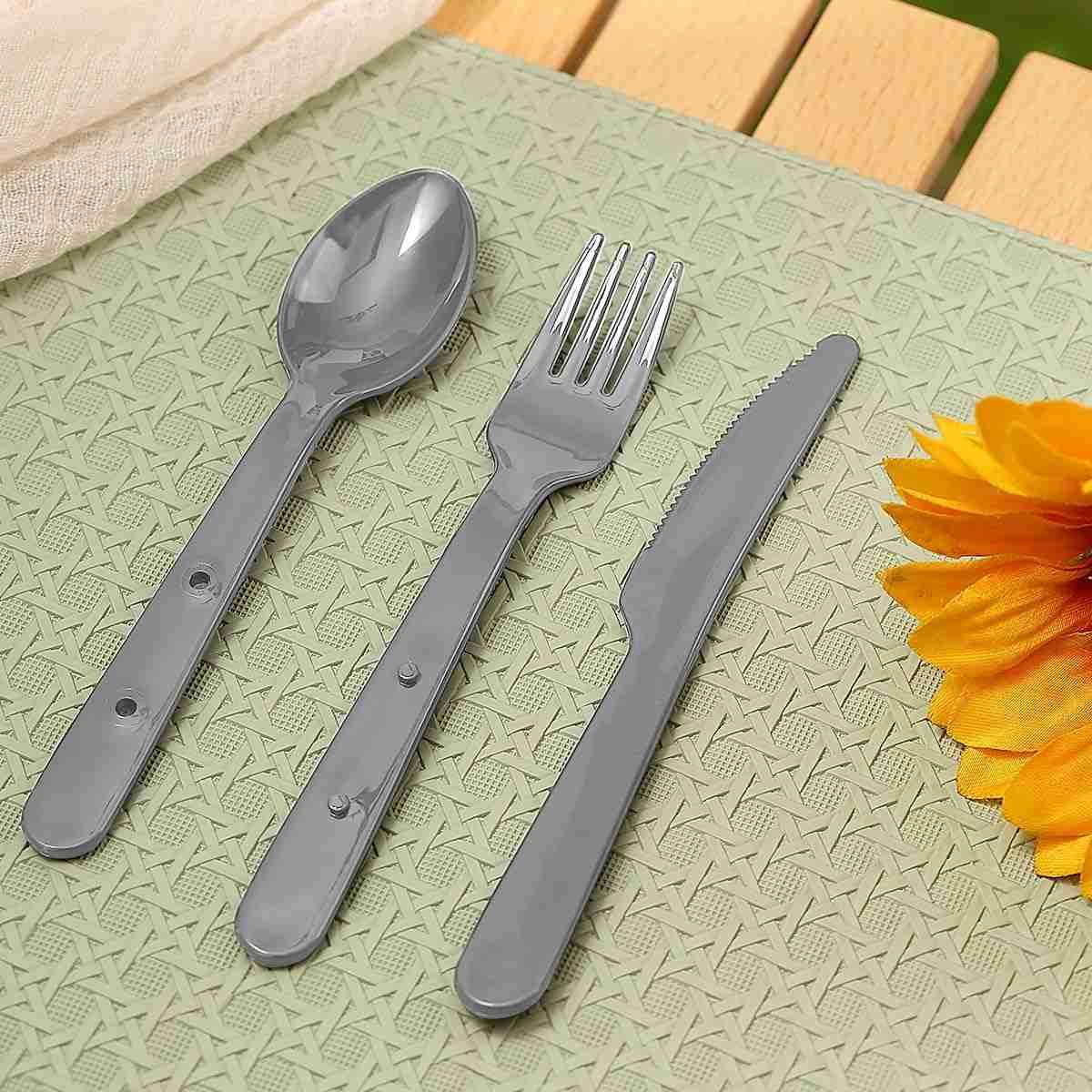 Conjunto de Talheres em Plástico Lavável - 3 Servings | Cinza Moderno