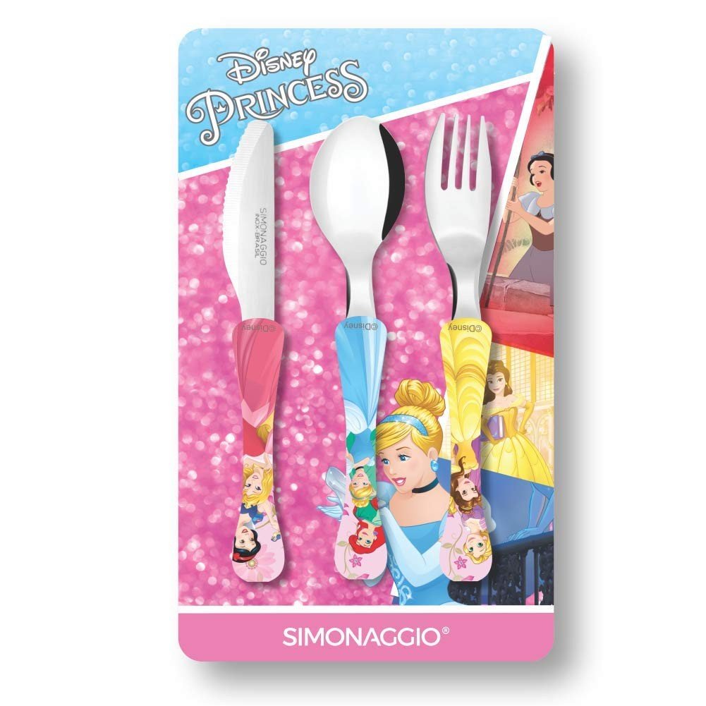 Simonaggio Disney Kids Princesas - Conjunto de Talheres Ergonômicos para Crianças (3 Peças, Rosa/Azul/Amarelo)