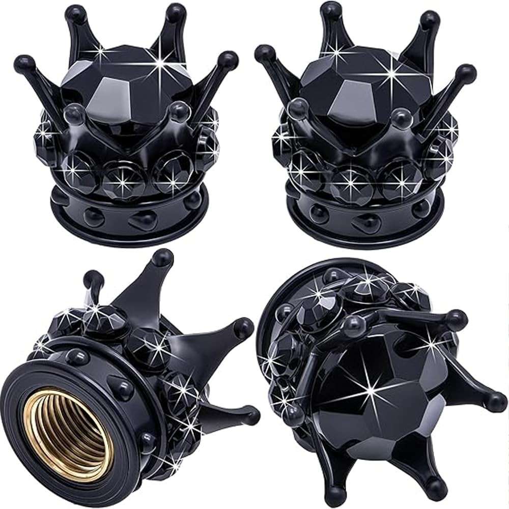 4 Tampas de Válvula de Pneu em Forma de Coroa Preta - Universal para Carros, Caminhões e SUVs