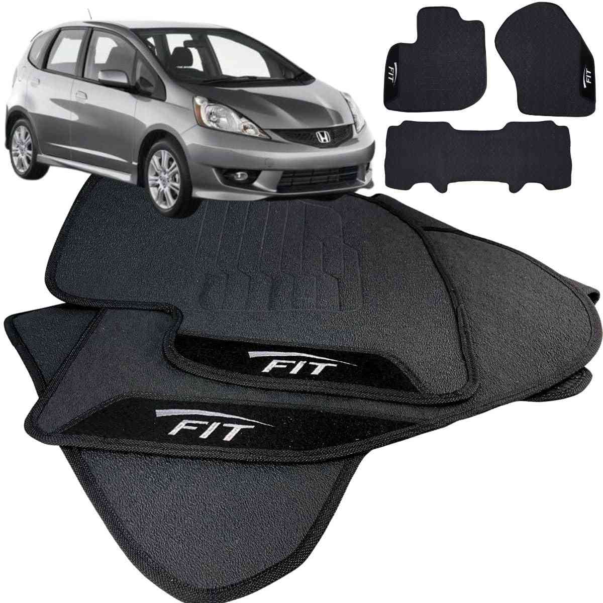 Jogo de Tapete Borracha Automotivo Honda New Fit 2009-2014 - 3 Peças Inteiriço com Logo Bordado Impermeável W8 Acessórios