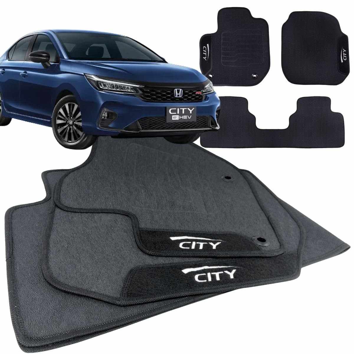 Jogo de Tapete Borracha Automotivo Honda City 2022-2025: Proteção Impermeável com Logo Bordado (3 Peças)