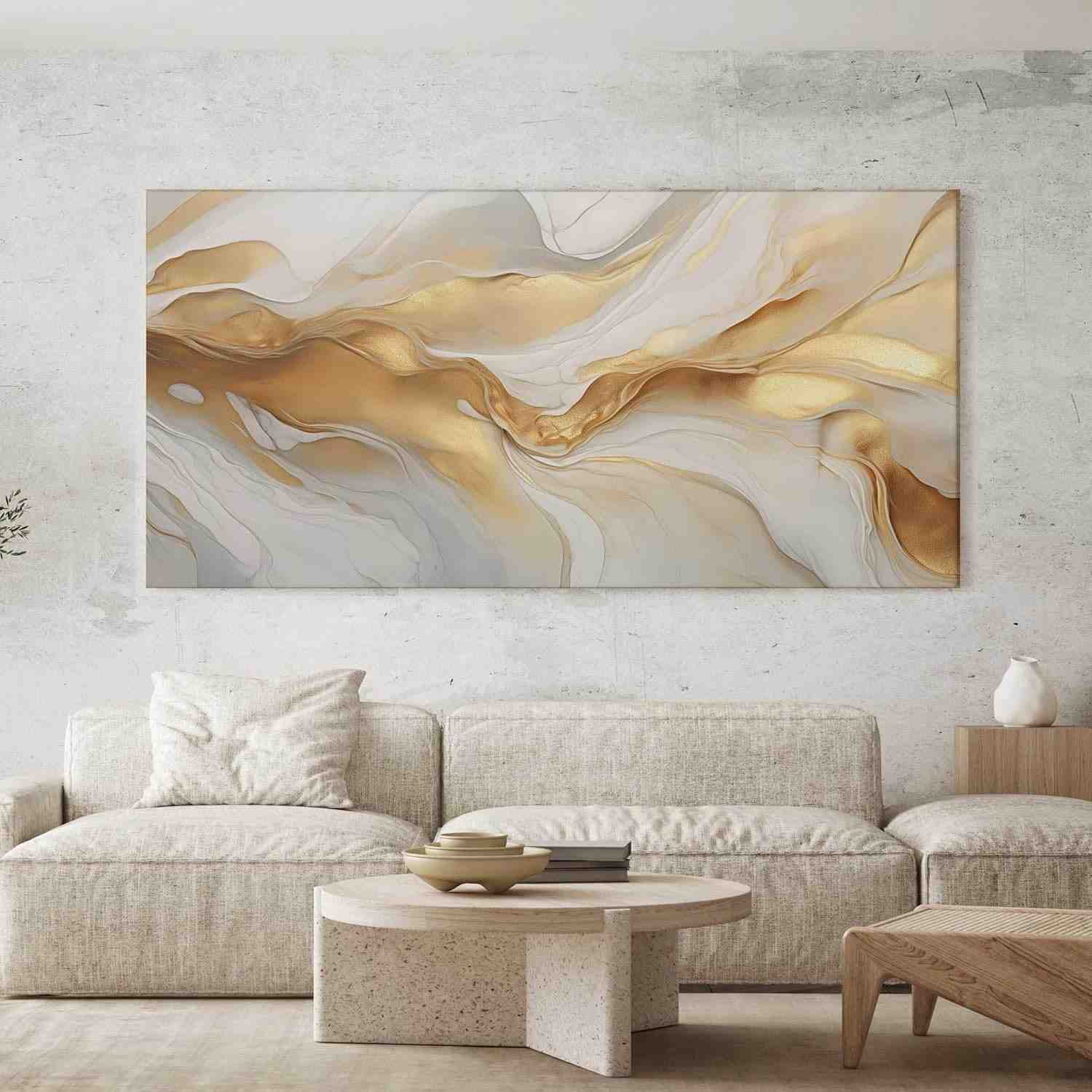 Quadro Decorativo Abstrato Dourado 100x50 - Impressão em Tecido com Elegância Luxuosa para Sala, Quarto ou Hall