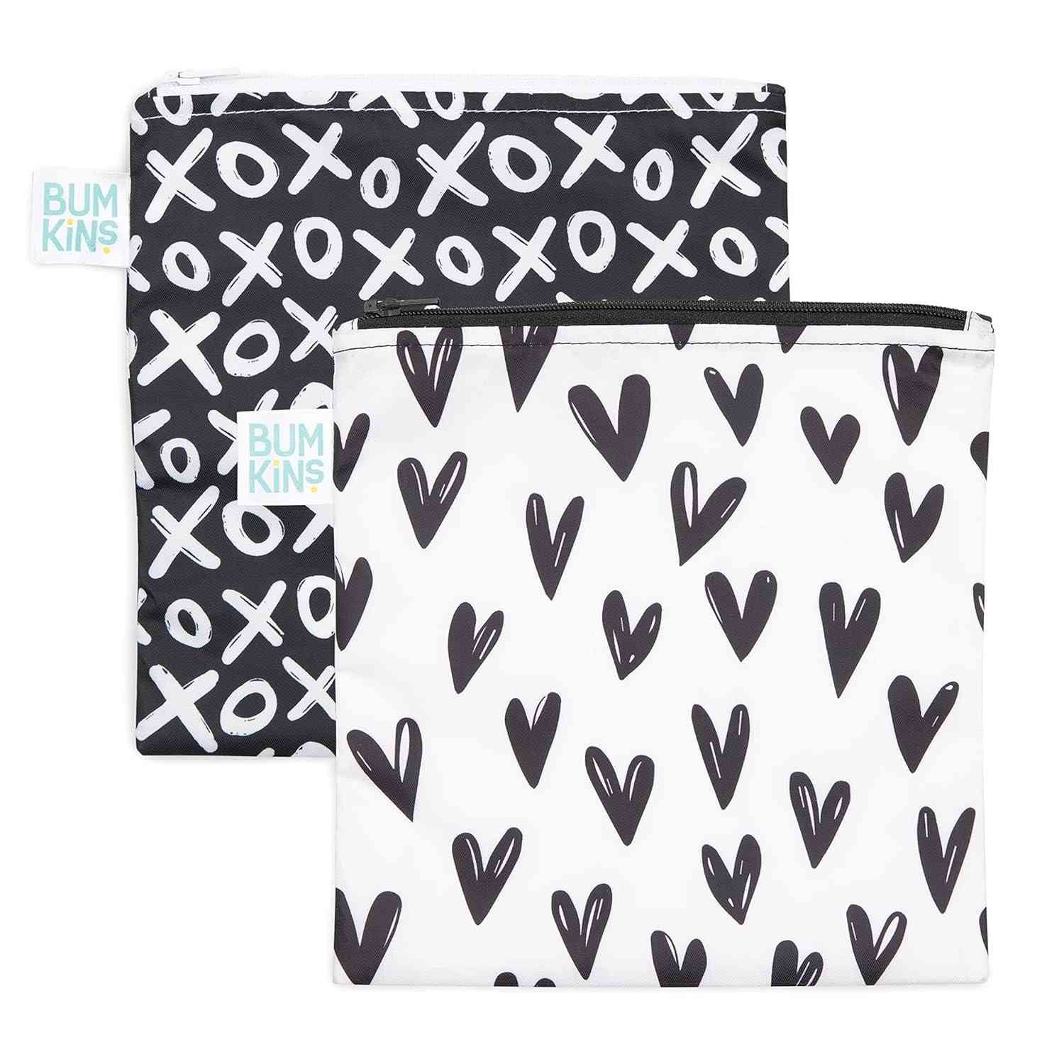 Bumkins Saco Reutilizável para Sanduíche e Lanche com Zíper - Tecido Impermeável, Lavável e Livre de BPA - Estampa Corações e XOXO (Pacote com 2)