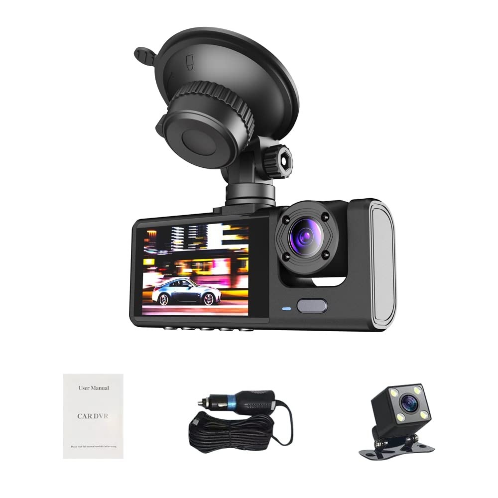 Dashcam 1080P Tripla: Câmera Frontal, Interna e Traseira com Visão Noturna e Tela de 2"