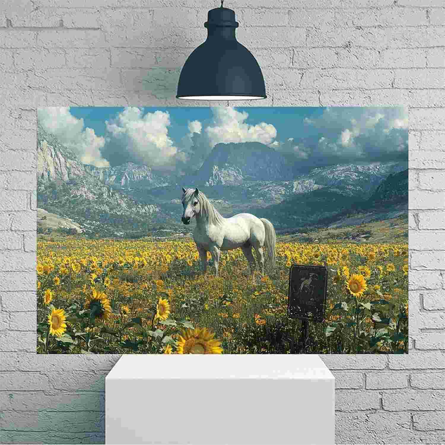 Arte de Parede em Tela Rústica Vintage com Cavalo Branco e Girassol - 30,5x45,7cm