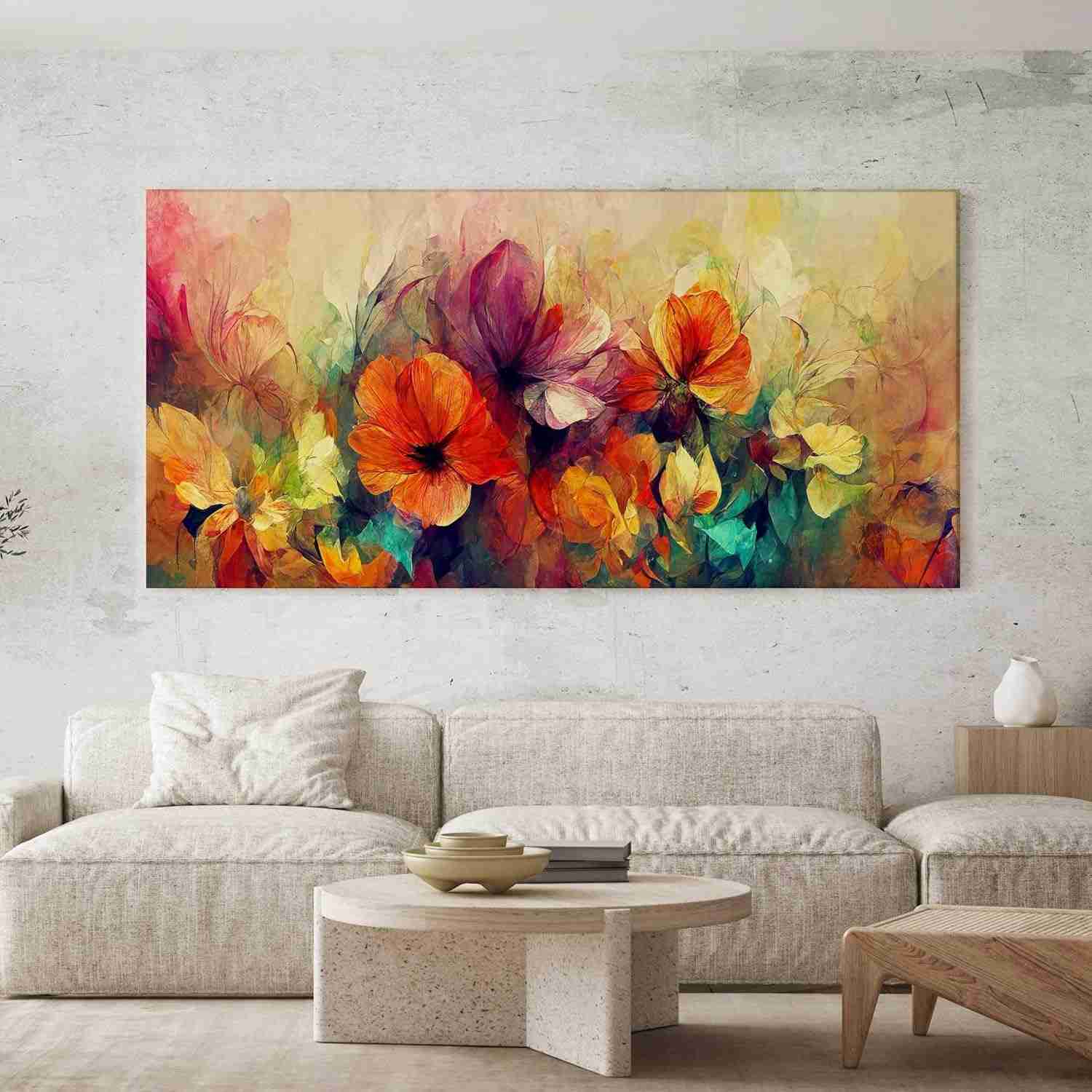 Quadro Decorativo Abstrato Flores Coloridas 100x50cm - Tela Pronta para Pendurar