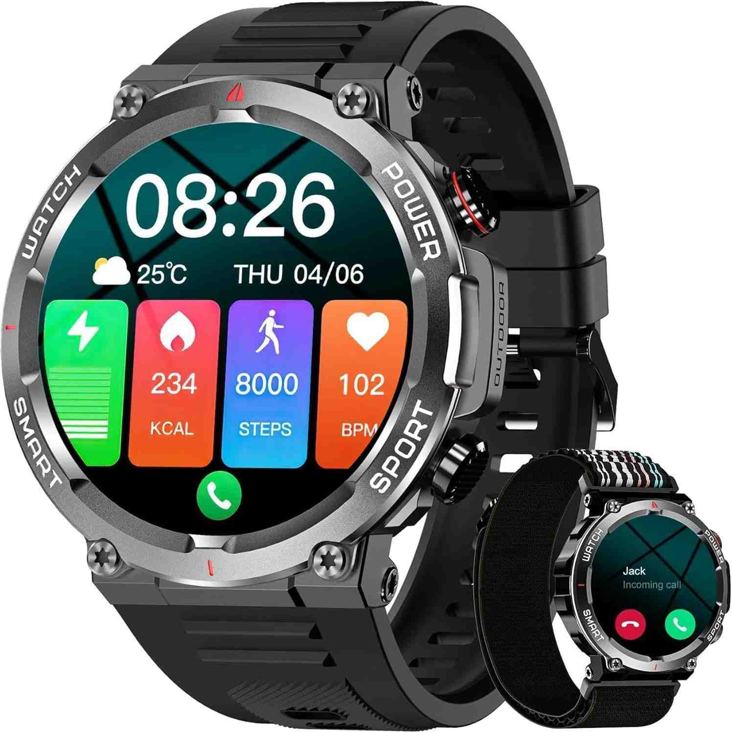 Smartwatch Militar Masculino IOWODO W50: Chamadas, Tela HD 1.39", 100+ Esportes, IP68 - Seu Aliado de Aventura!
