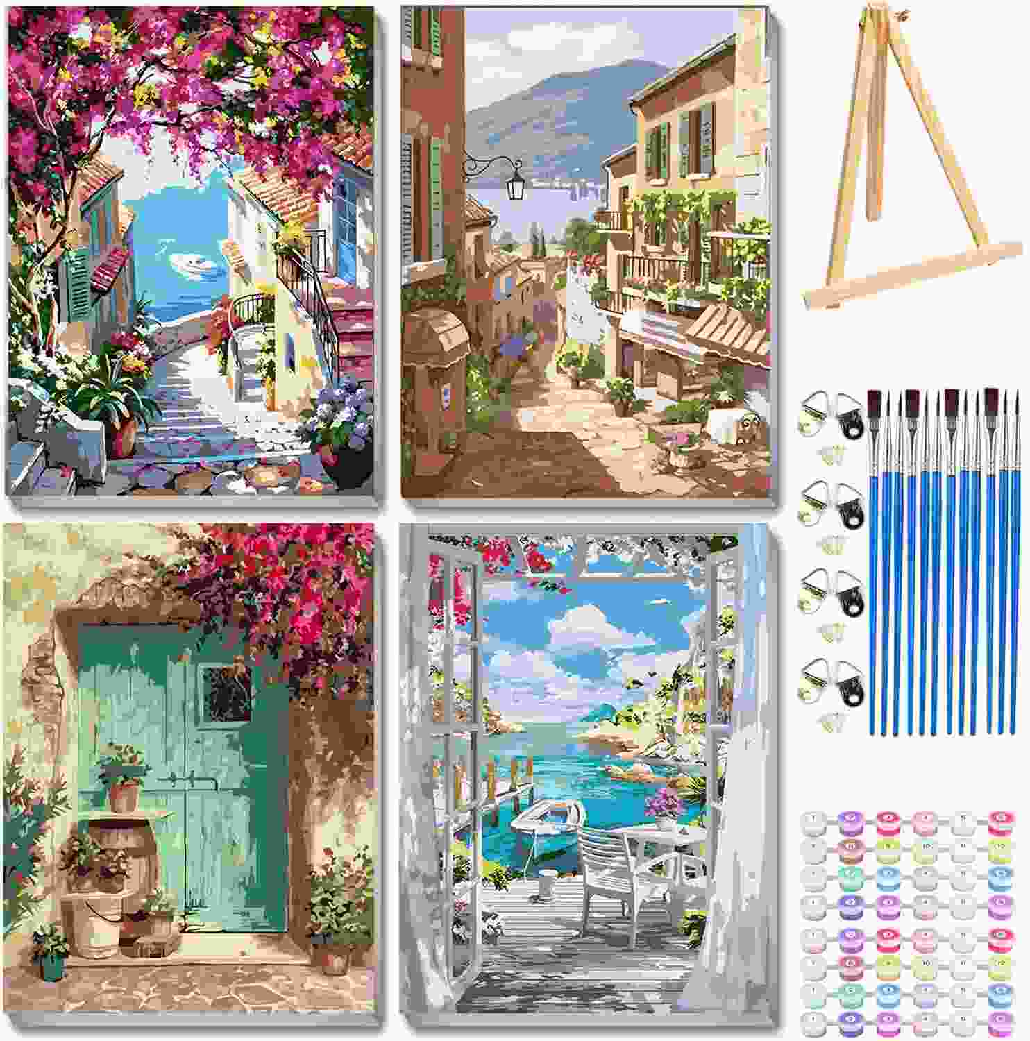 VIGEGU - Kit de Pintura por Números para Adultos | 4 Telas com Moldura + Cavalete de Madeira