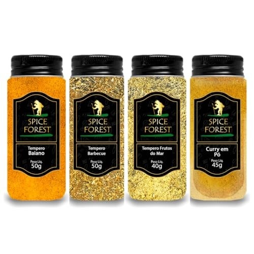 Coleção de Temperos: Kit de 4 Temperos: Baiano 50g, Barbecue 50g, Frutos do mar 40g e Curry 45g - Frasco de Vidro Spice Forest