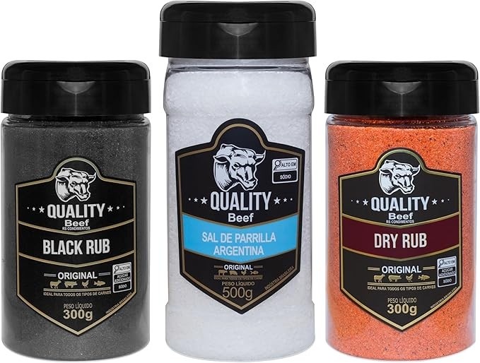 Quality Beef Kit de Temperos Sal de Parrilla Argentina 500g + Black Rub e Dry Rub 300g