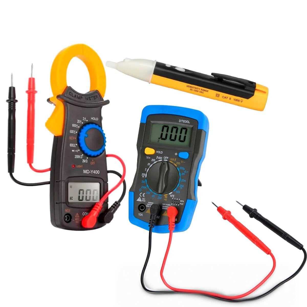 Kit Essencial Eletricista: Multímetro Digital, Alicate Amperímetro e Caneta Detector de Tensão Premium