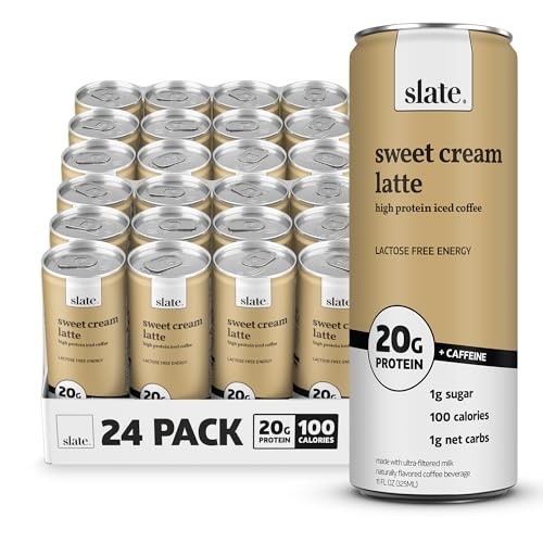 Slate Leite - Café Gelado Com Alto Teor De Proteína Latte Creme Doce 175 Mg Cafeína, Energia Sem Lactose 20 G Proteína, 1 Açúcar, 100 Calorias, Carboidratos Líquidos, Adição Açúcar 11 Fl Oz, 24 Lata