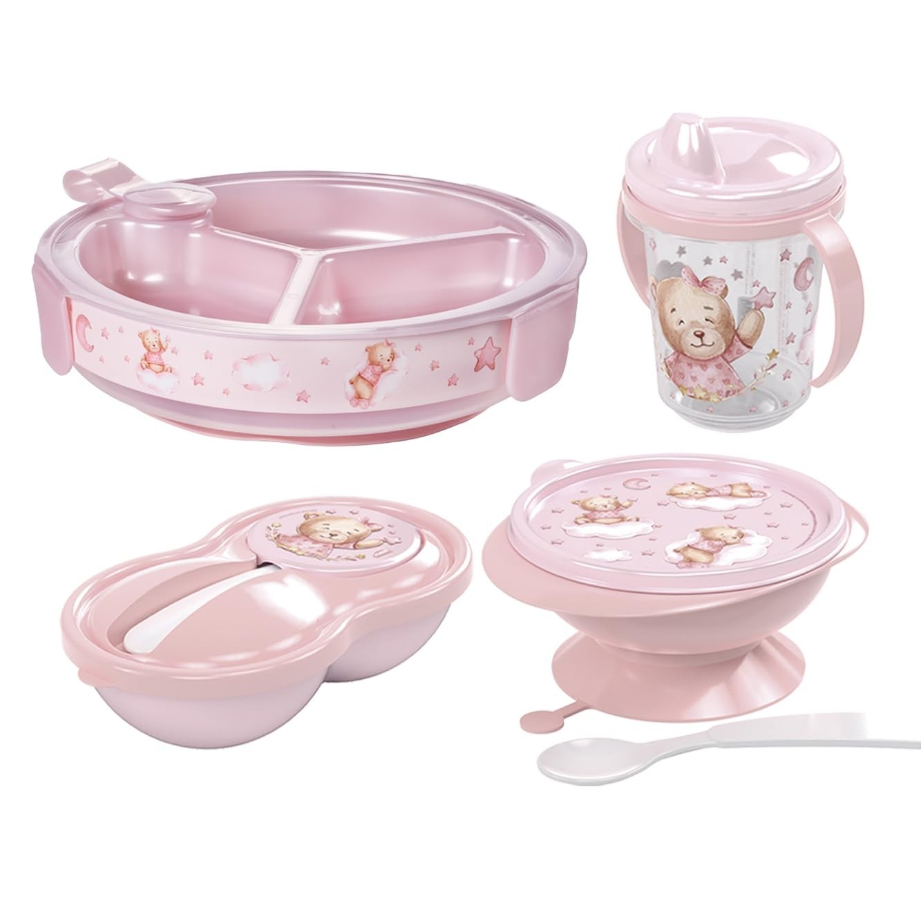 Kit Alimentação Bebê Rosa 4 Peças - Prato Térmico, Tigela com Ventosa, Pote e Caneca Segura