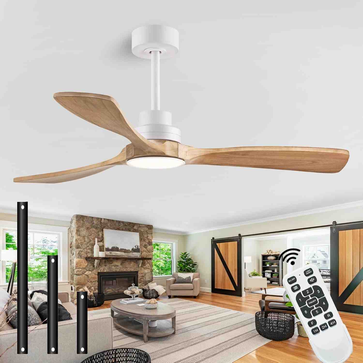 Ventilador de Teto 132cm com Luz e Controle Remoto - 3 Lâminas de Madeira Maciça
