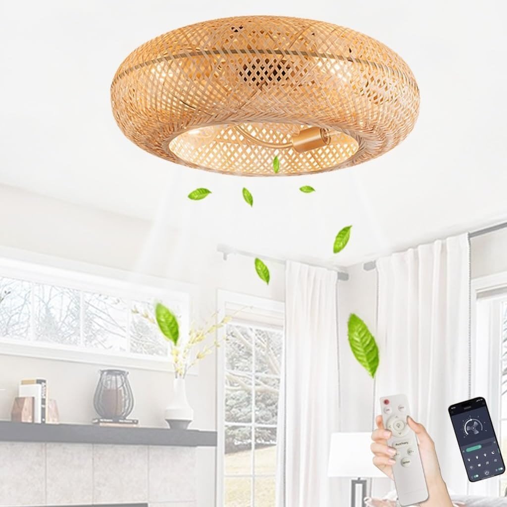 Ventilador de teto E27 com luzes Ventilador de teto de bambu vintage de 50 CM com luz boêmia Lâmpada silenciosa Lustre reversível Luzes de bambu com controle remoto Luzes de teto embutidas p