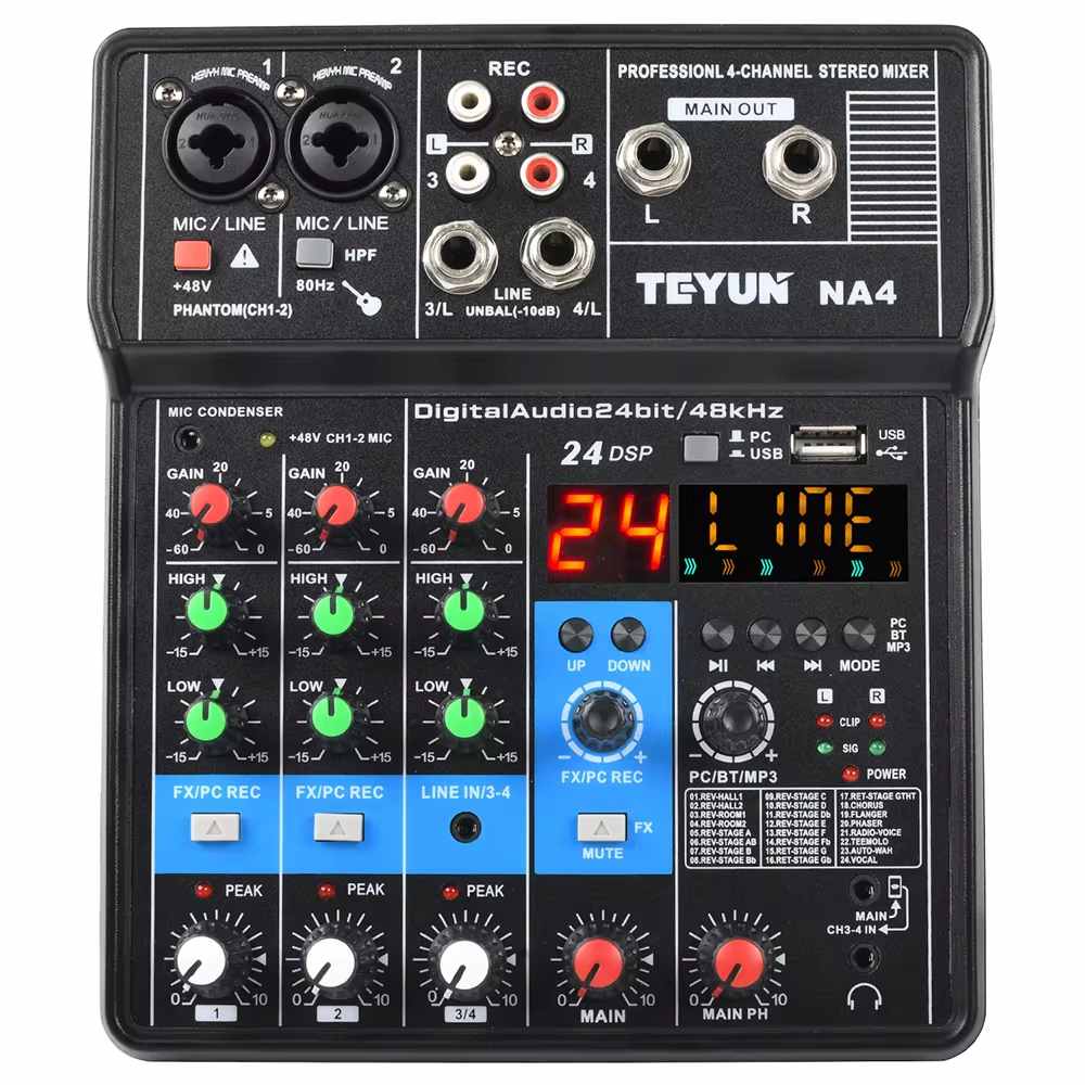 TEYUN NA4: Mixer Portátil 4 Canais com Entrada USB e Phantom 48V