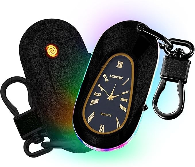 TIKIUKI Isqueiro Elétrico Chaveiro Isqueiro com Relógio Usb Recarregável Sem Chama À Prova de Vento Plasma Arco Isqueiro Chique Legal para Homens (Preto Fosco)